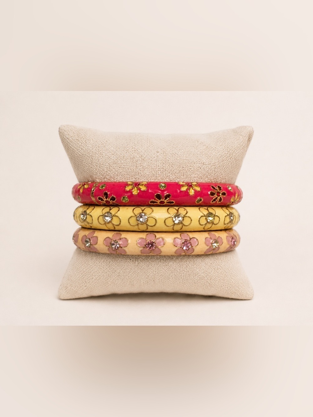 Boho Floral Rhinestone Bangle Collection – Set of 3